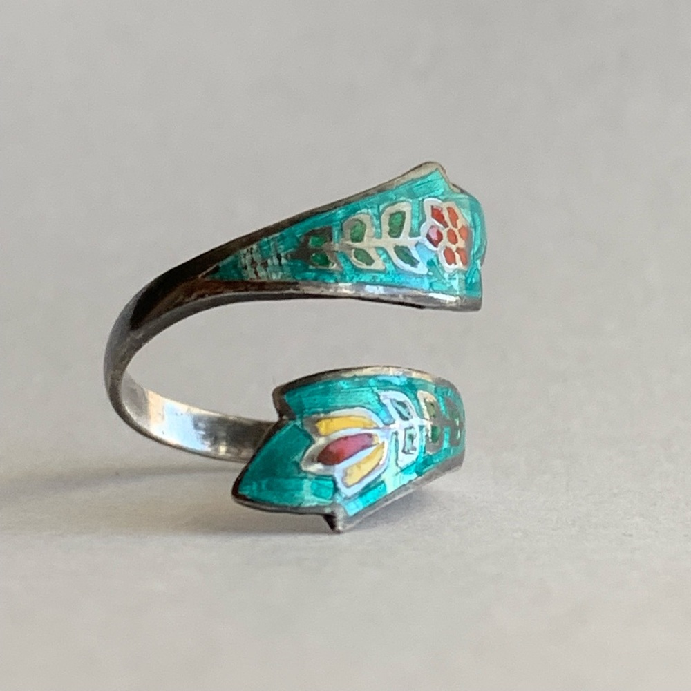 New Vintage sterling 925 cloisonné enamel flowers spoon ring